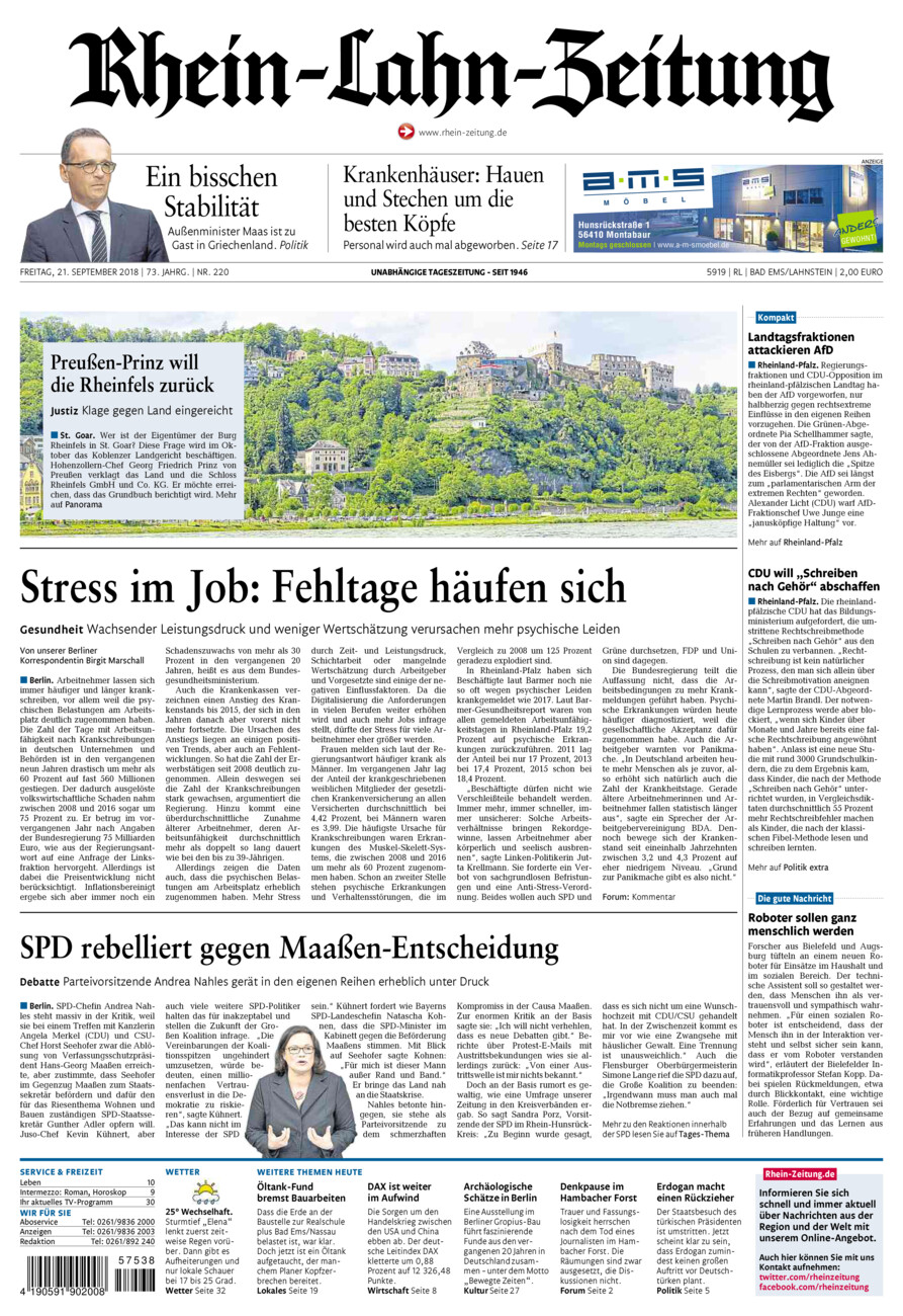 Rhein-Lahn-Zeitung vom Freitag, 21.09.2018