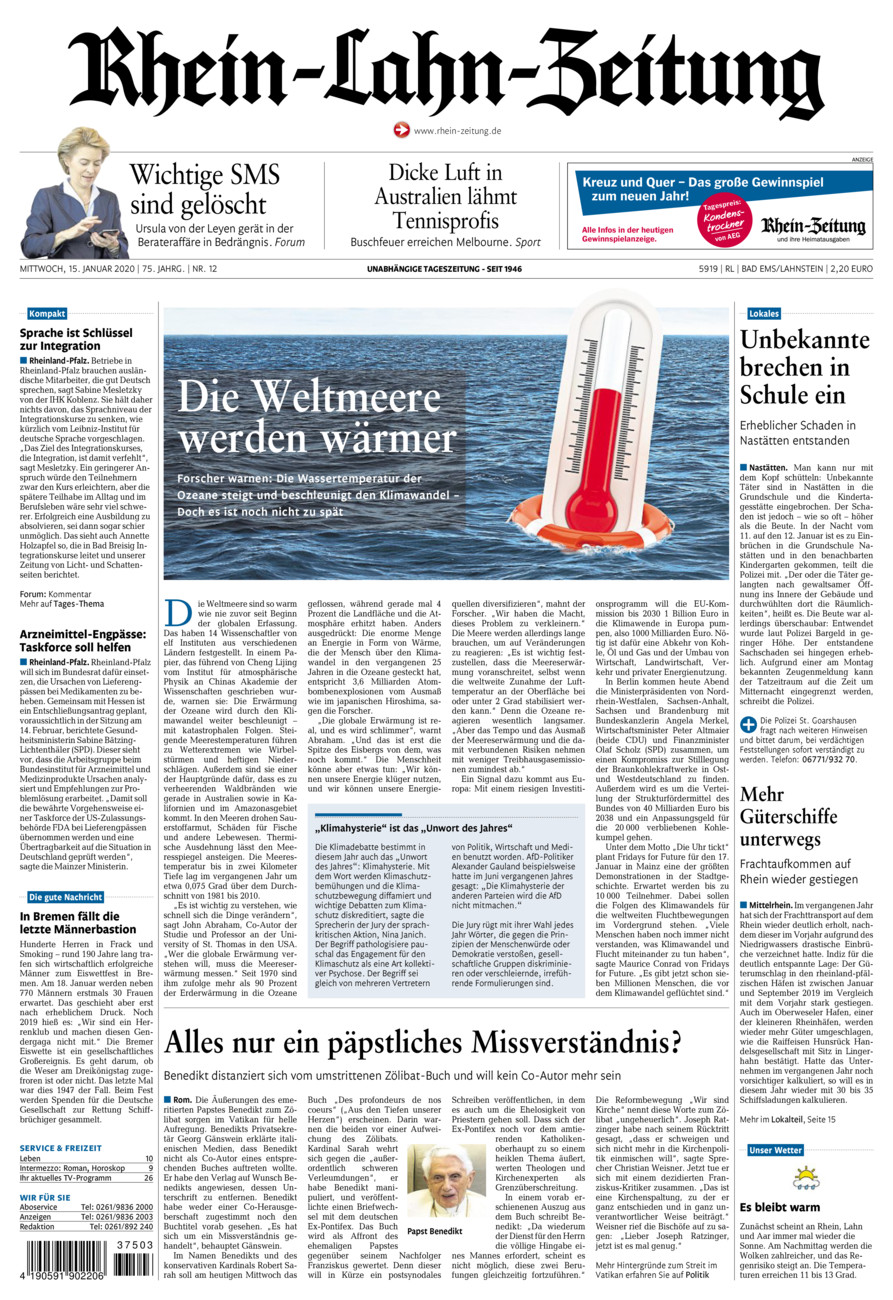 Rhein-Lahn-Zeitung vom Mittwoch, 15.01.2020