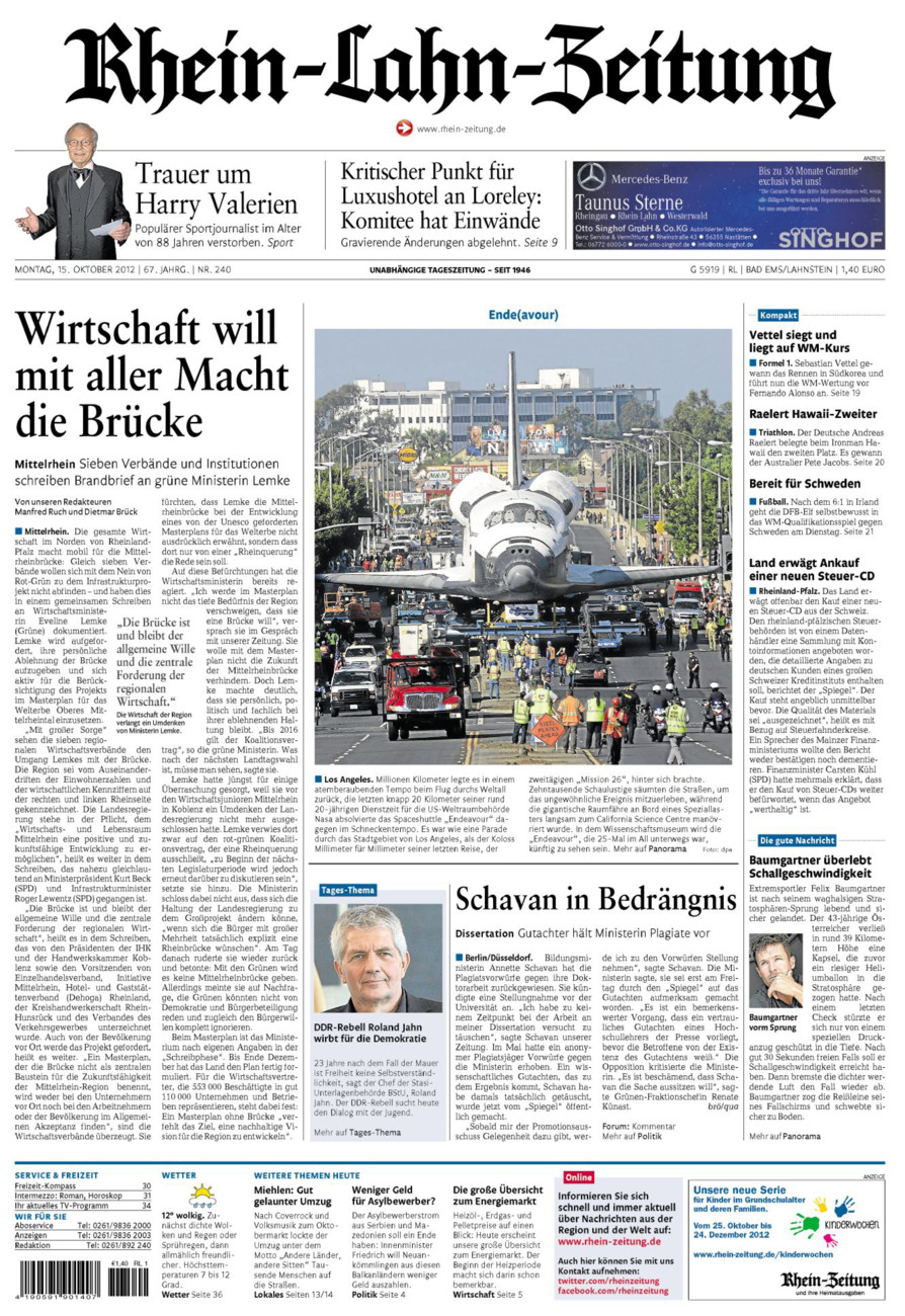 Rhein-Lahn-Zeitung vom Montag, 15.10.2012