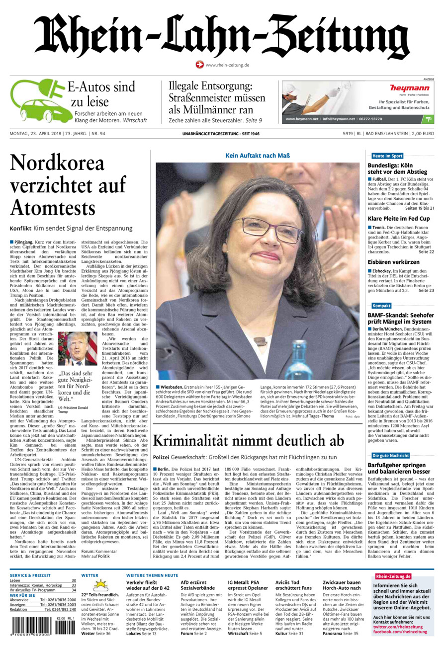 Rhein-Lahn-Zeitung vom Montag, 23.04.2018
