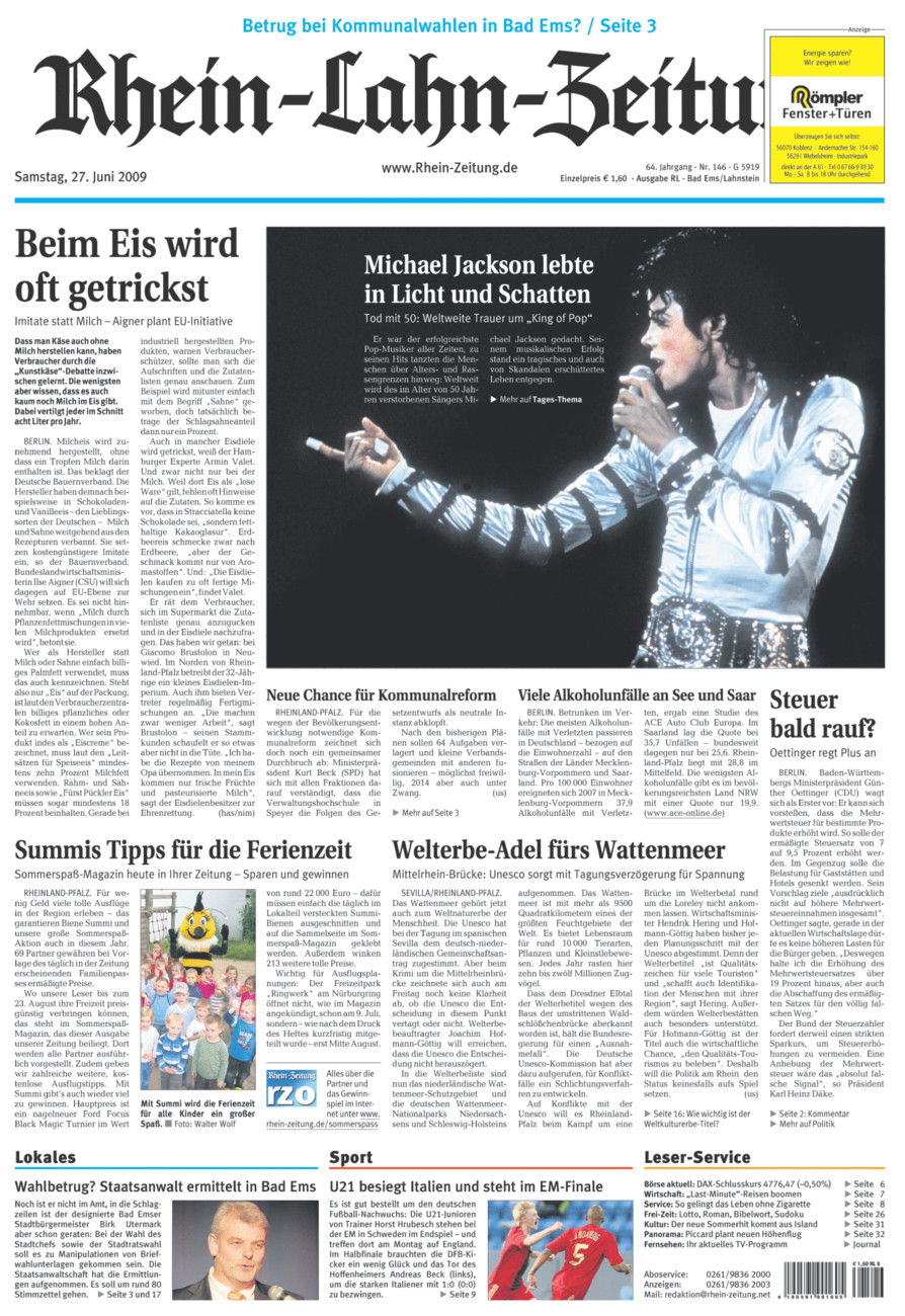 Rhein-Lahn-Zeitung vom Samstag, 27.06.2009