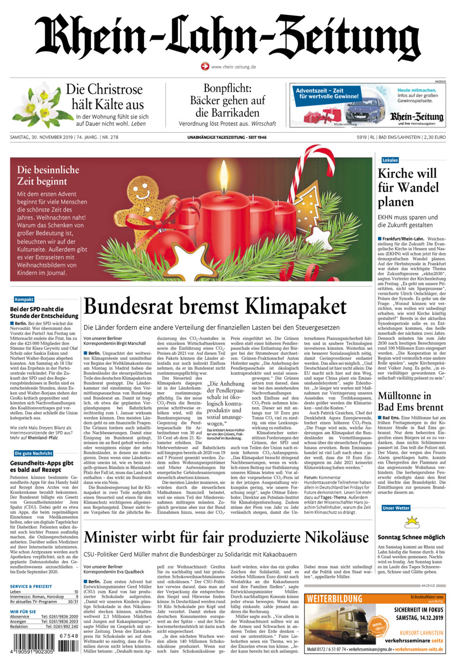 Rhein-Lahn-Zeitung vom Samstag, 30.11.2019