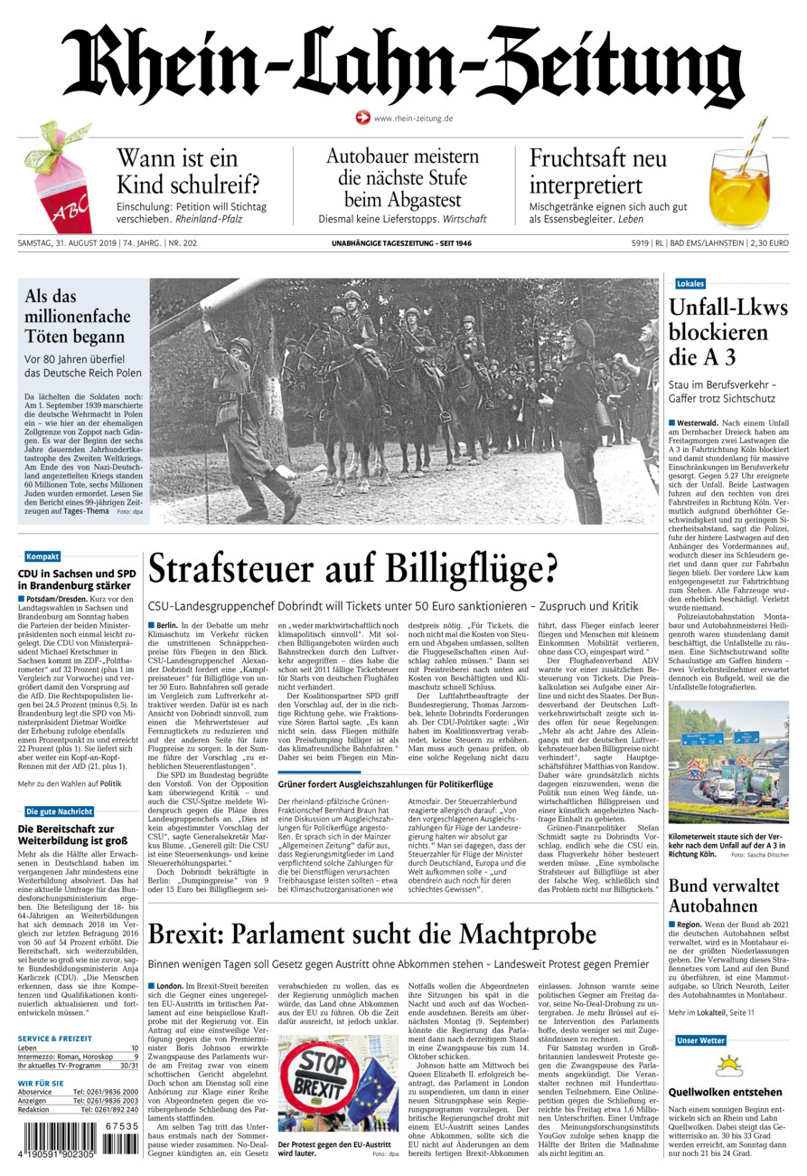 Rhein-Lahn-Zeitung vom Samstag, 31.08.2019