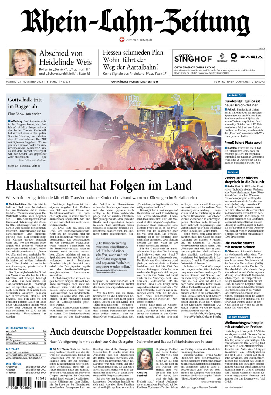 Rhein-Lahn-Zeitung vom Montag, 27.11.2023