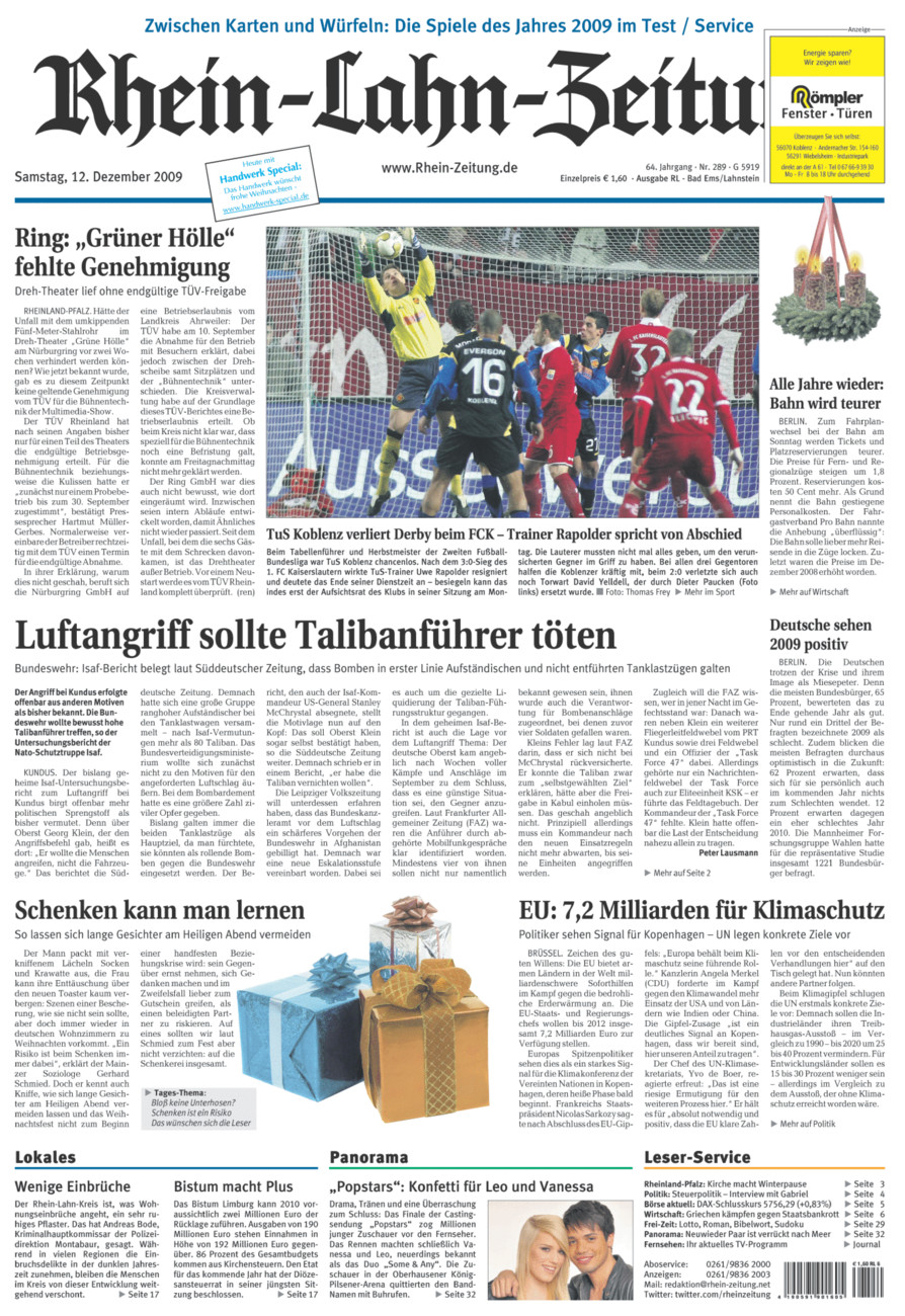 Rhein-Lahn-Zeitung vom Samstag, 12.12.2009