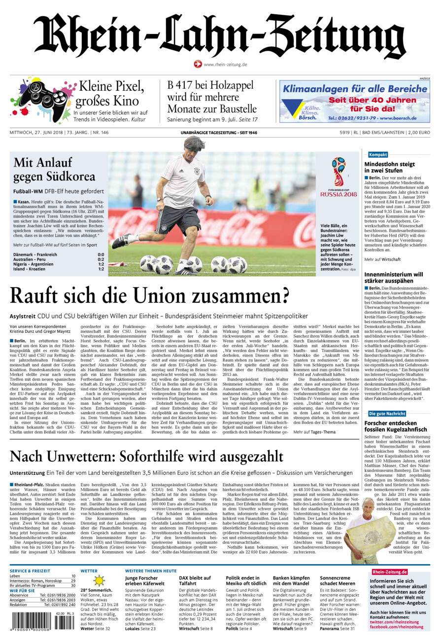 Rhein-Lahn-Zeitung vom Mittwoch, 27.06.2018