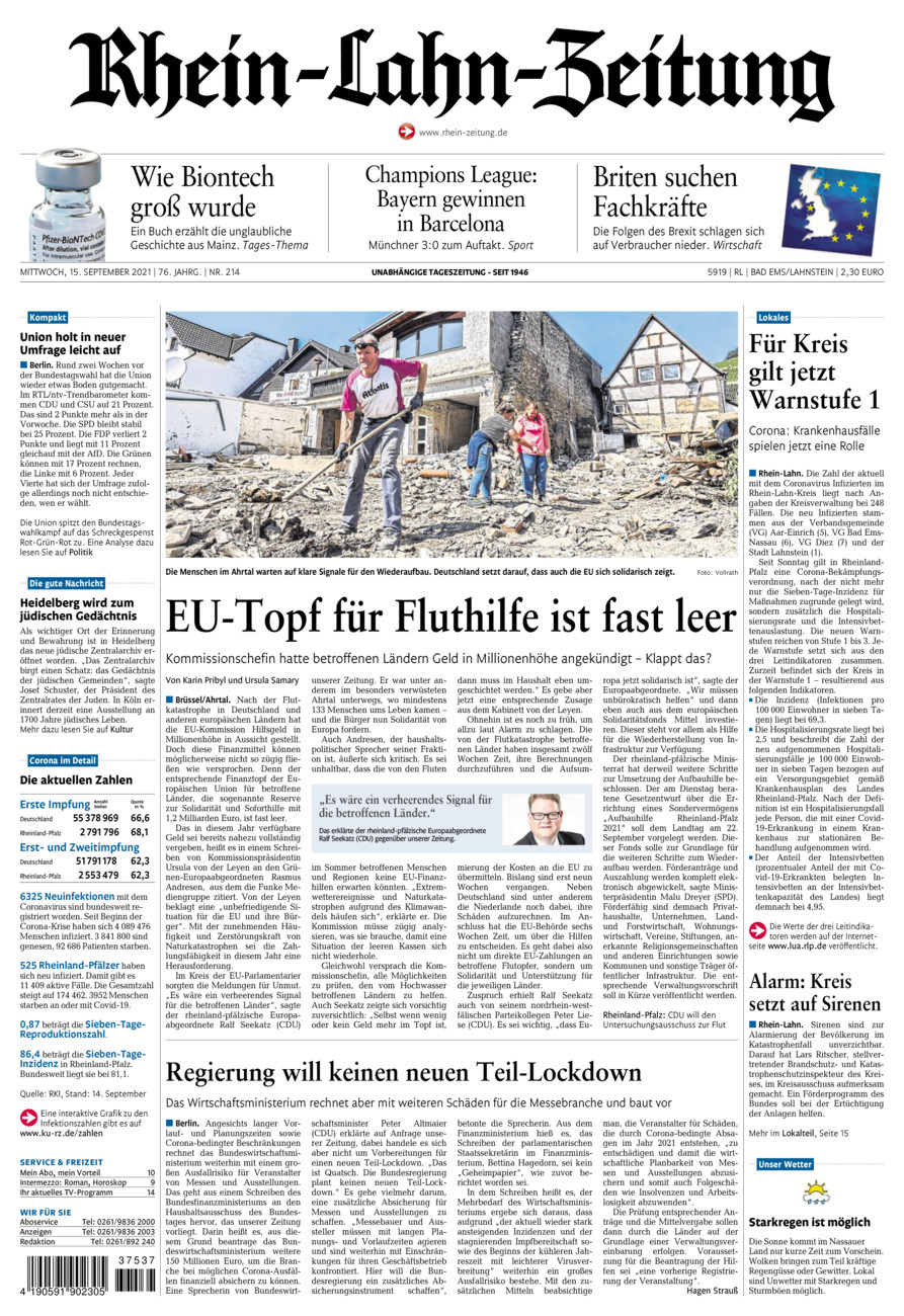 Rhein-Lahn-Zeitung vom Mittwoch, 15.09.2021