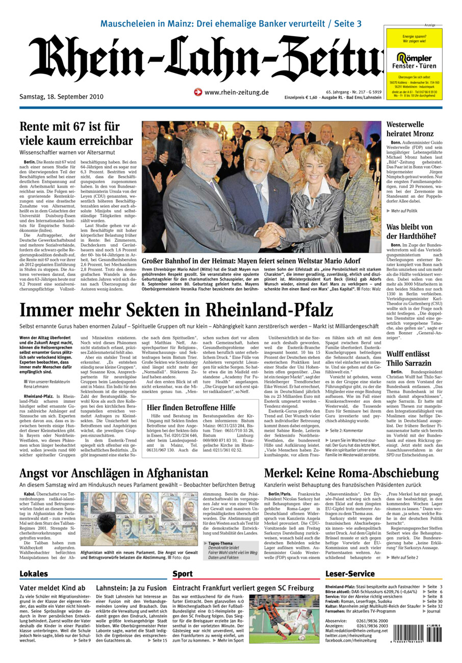 Rhein-Lahn-Zeitung vom Samstag, 18.09.2010