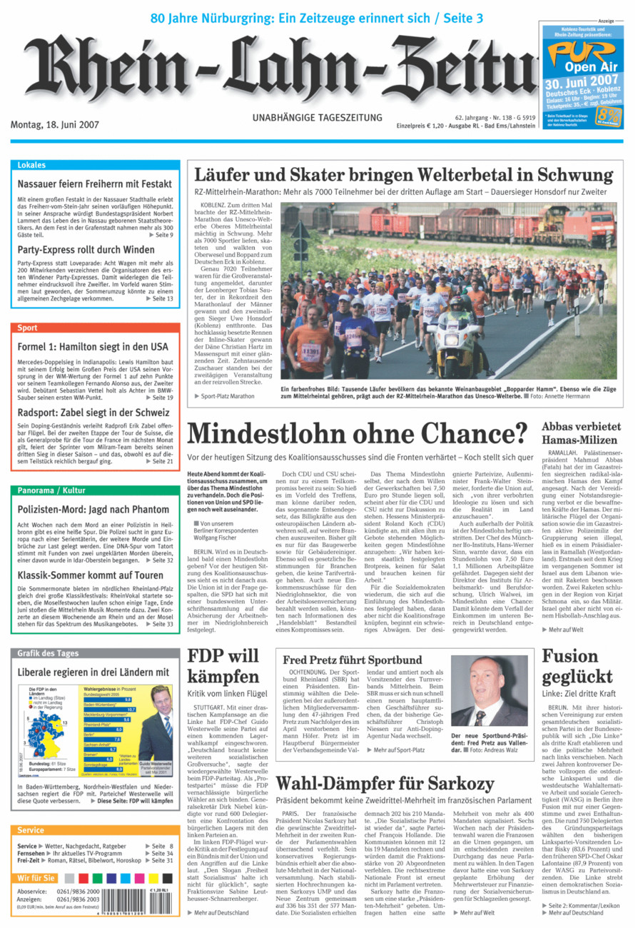 Rhein-Lahn-Zeitung vom Montag, 18.06.2007