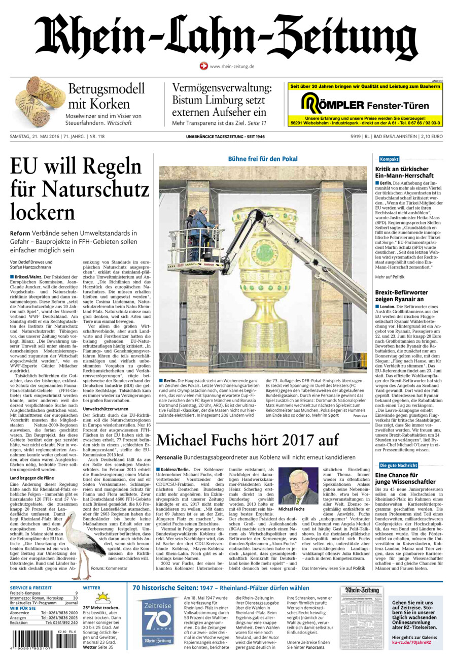 Rhein-Lahn-Zeitung vom Samstag, 21.05.2016