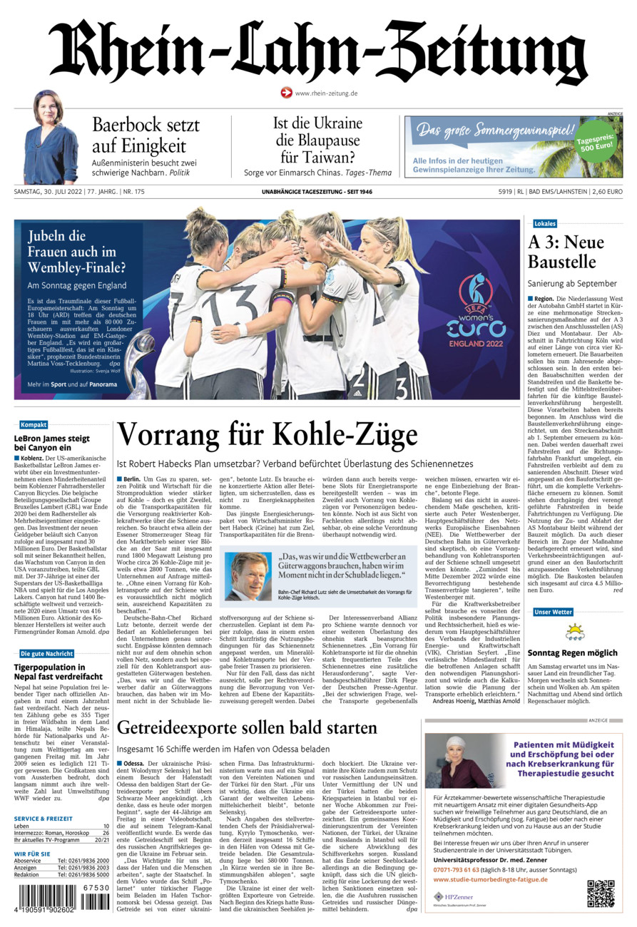 Rhein-Lahn-Zeitung vom Samstag, 30.07.2022
