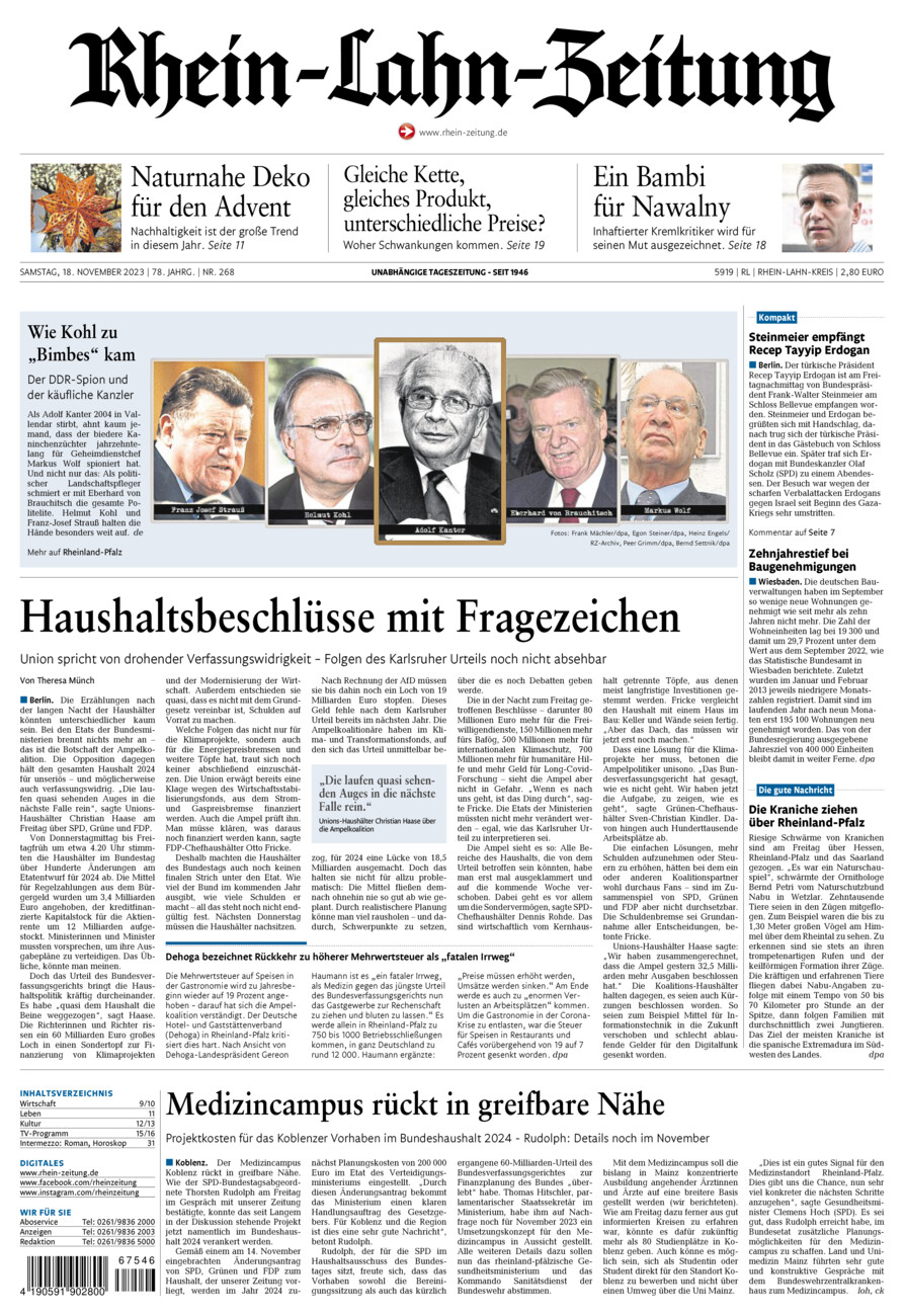Rhein-Lahn-Zeitung vom Samstag, 18.11.2023