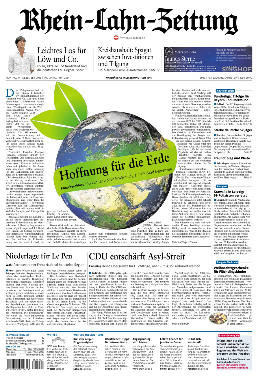 Rhein-Lahn-Zeitung vom Montag, 14.12.2015