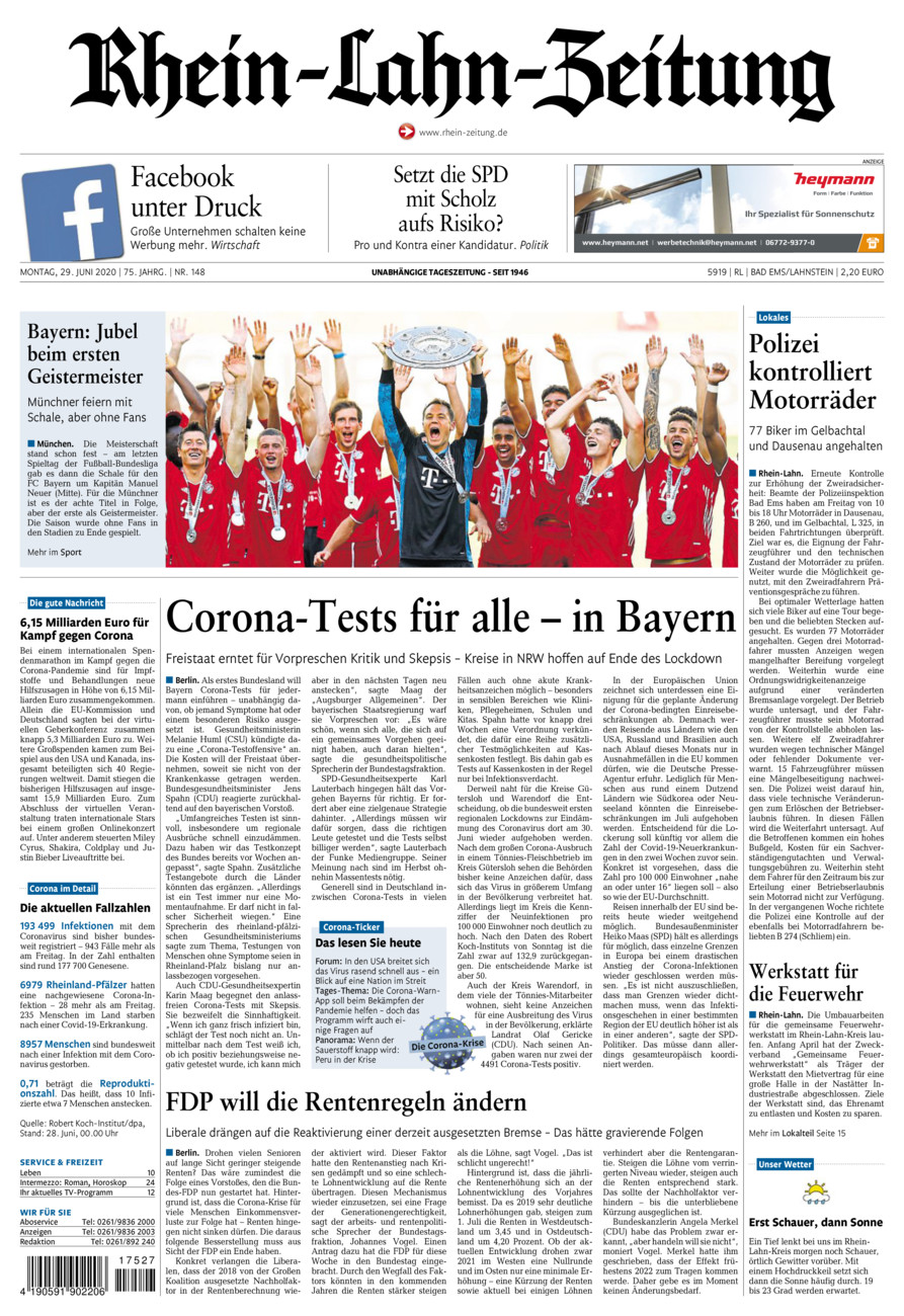 Rhein-Lahn-Zeitung vom Montag, 29.06.2020