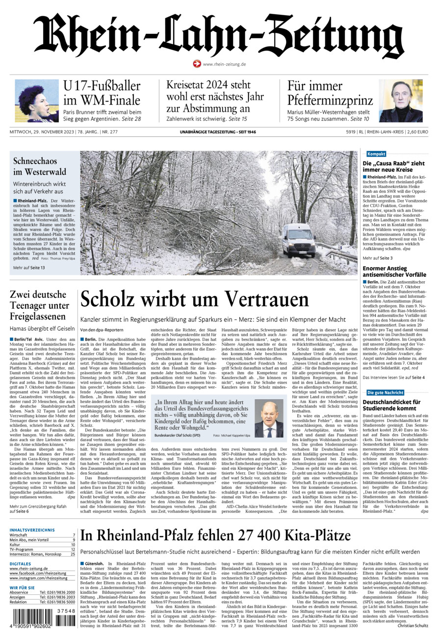 Rhein-Lahn-Zeitung vom Mittwoch, 29.11.2023