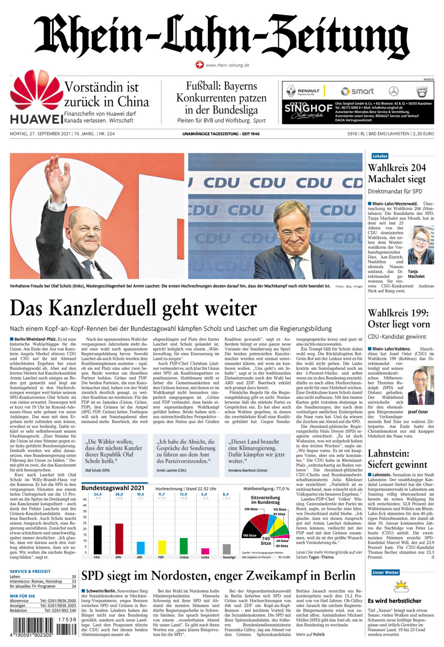 Rhein-Lahn-Zeitung vom Montag, 27.09.2021