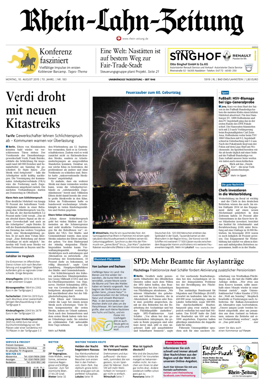 Rhein-Lahn-Zeitung vom Montag, 10.08.2015