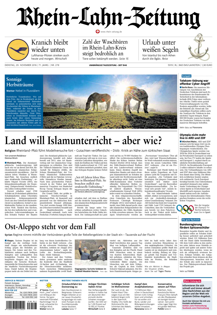 Rhein-Lahn-Zeitung vom Dienstag, 29.11.2016