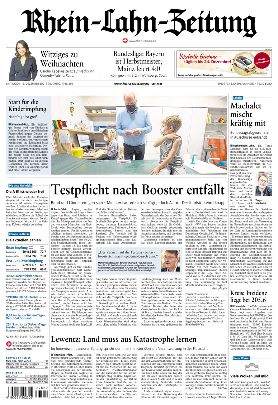 Rhein-Lahn-Zeitung vom Mittwoch, 15.12.2021