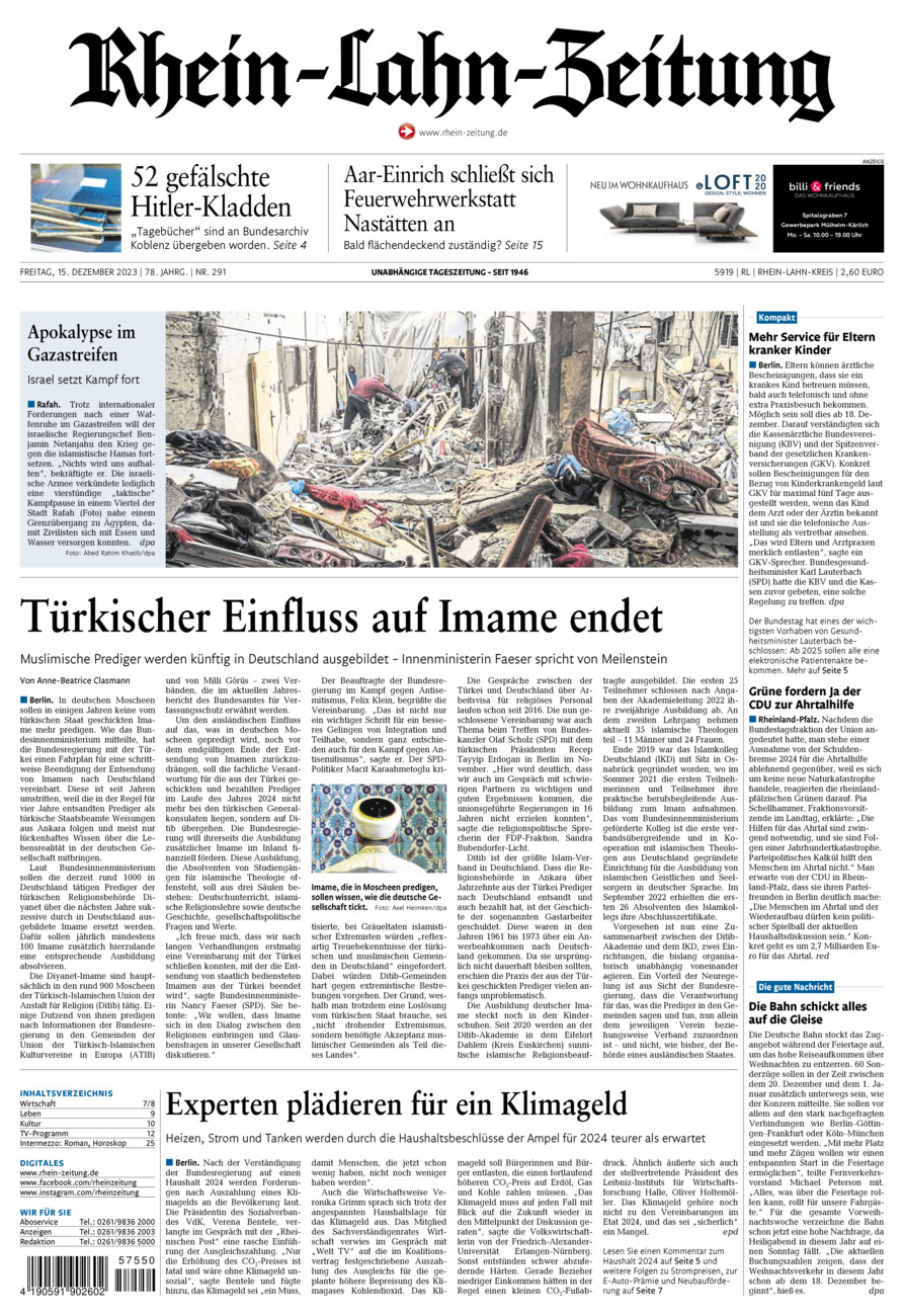 Rhein-Lahn-Zeitung vom Freitag, 15.12.2023