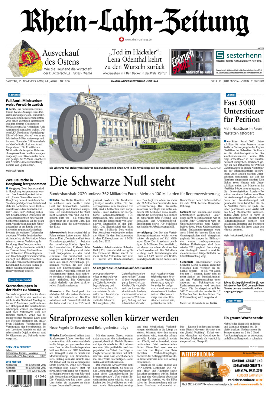 Rhein-Lahn-Zeitung vom Samstag, 16.11.2019