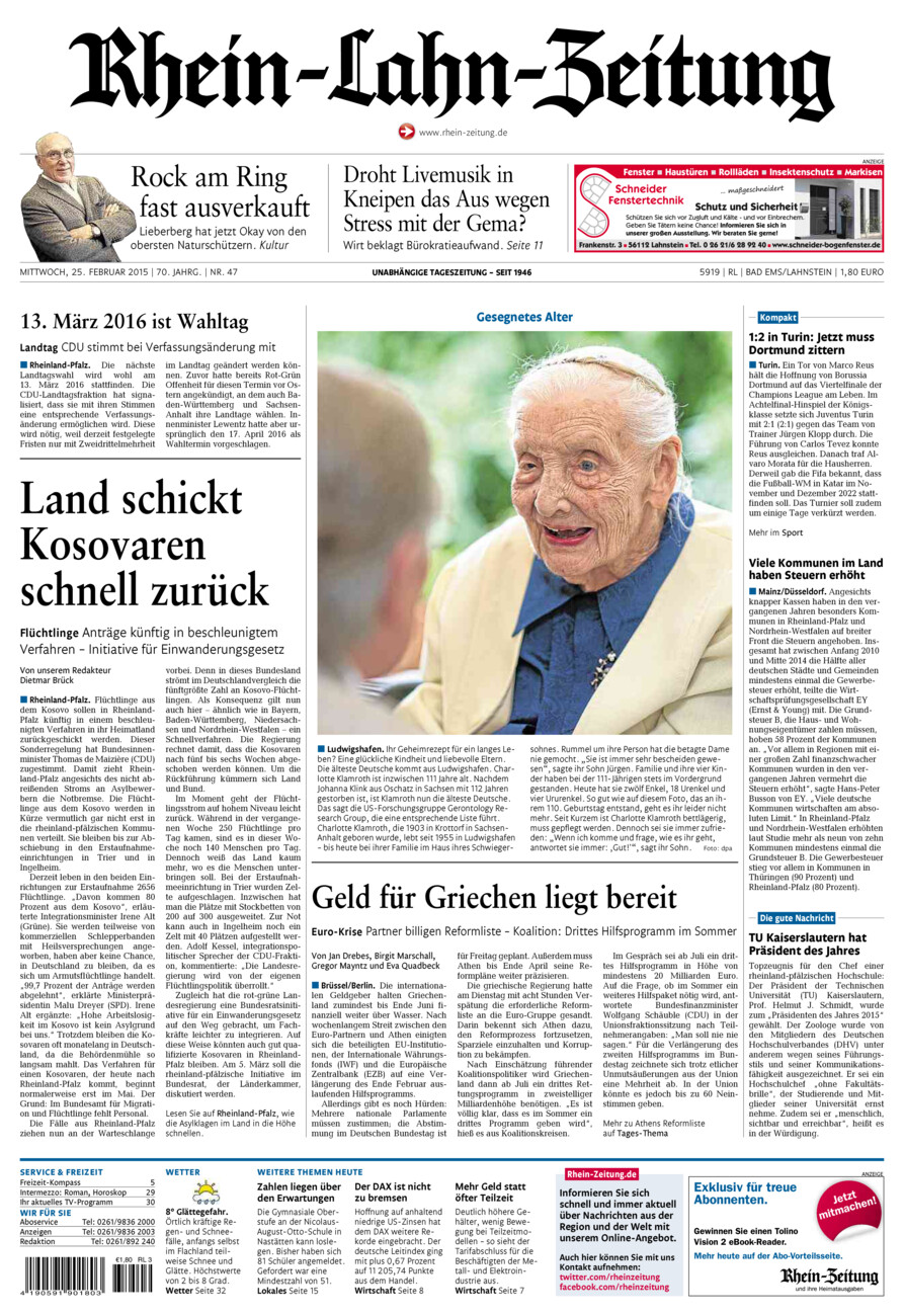 Rhein-Lahn-Zeitung vom Mittwoch, 25.02.2015