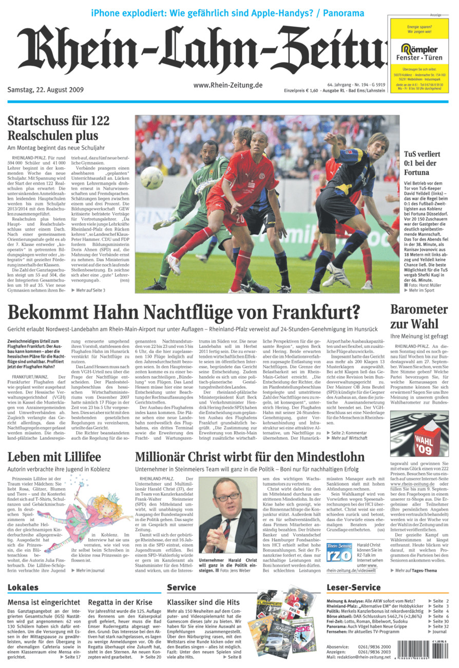 Rhein-Lahn-Zeitung vom Samstag, 22.08.2009