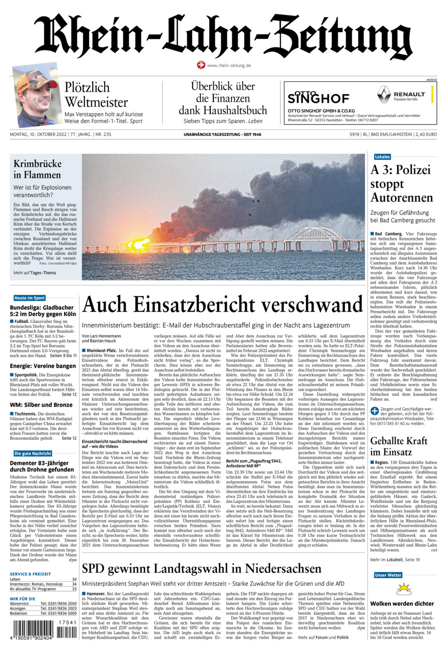 Rhein-Lahn-Zeitung vom Montag, 10.10.2022