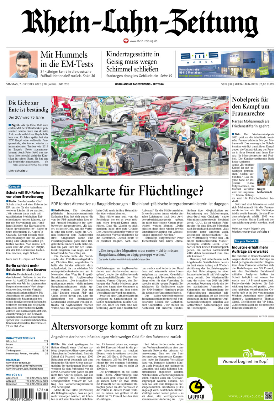 Rhein-Lahn-Zeitung vom Samstag, 07.10.2023