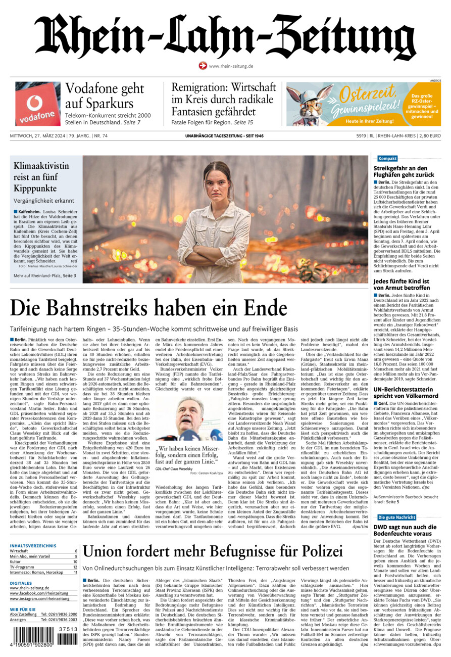 Rhein-Lahn-Zeitung vom Mittwoch, 27.03.2024