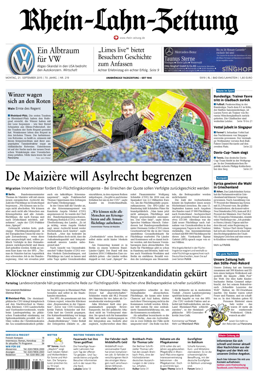 Rhein-Lahn-Zeitung vom Montag, 21.09.2015
