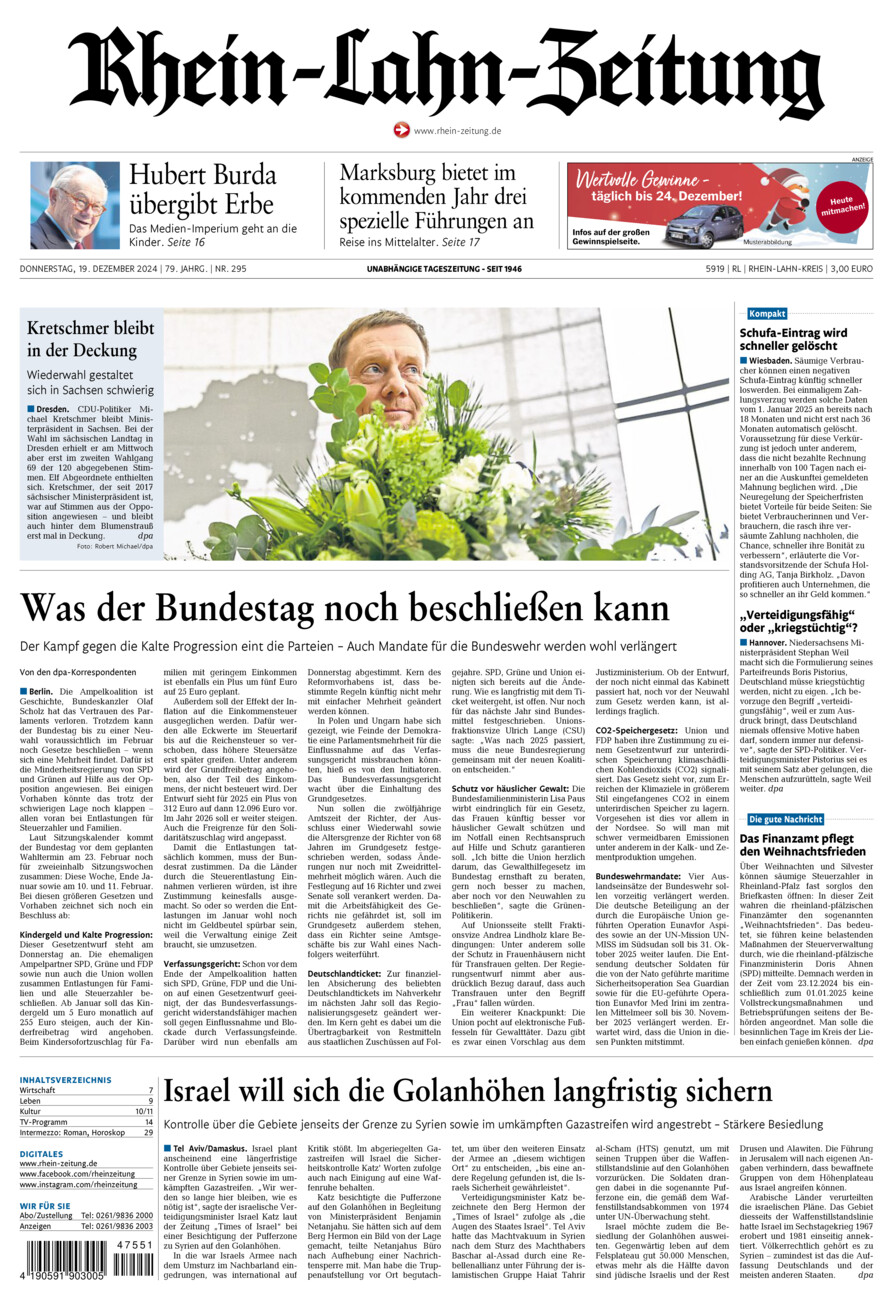 Rhein-Lahn-Zeitung vom Donnerstag, 19.12.2024