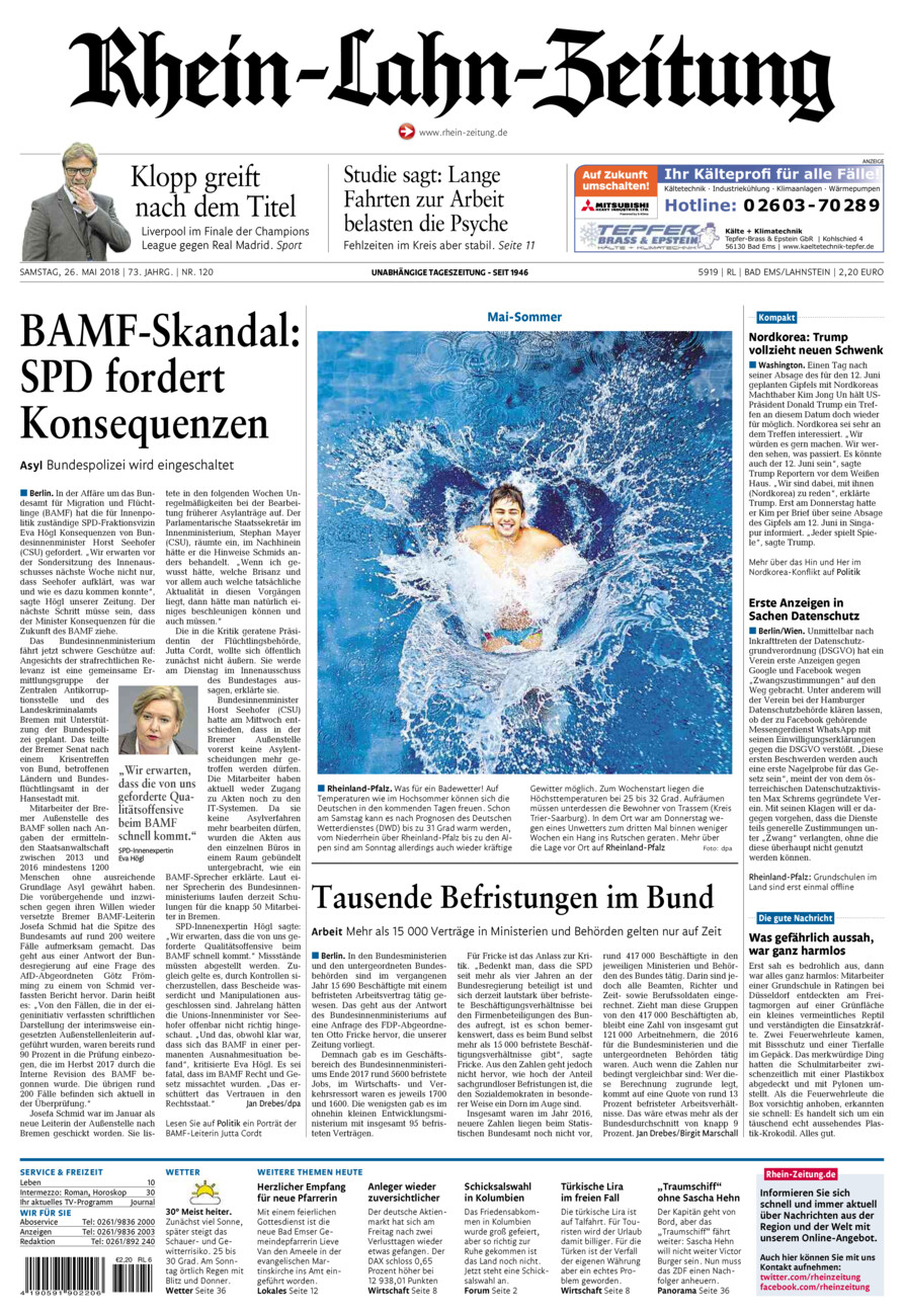 Rhein-Lahn-Zeitung vom Samstag, 26.05.2018