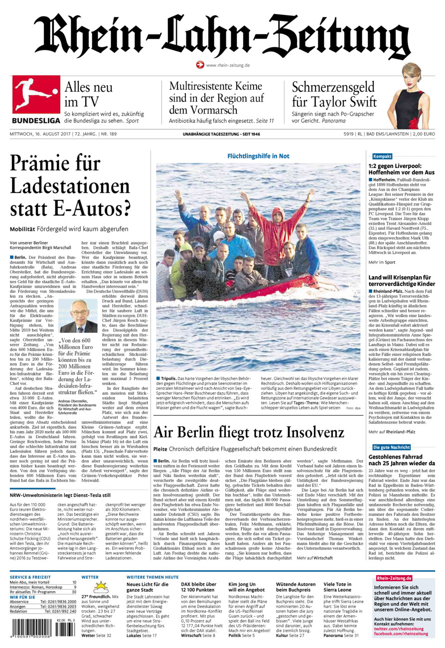 Rhein-Lahn-Zeitung vom Mittwoch, 16.08.2017