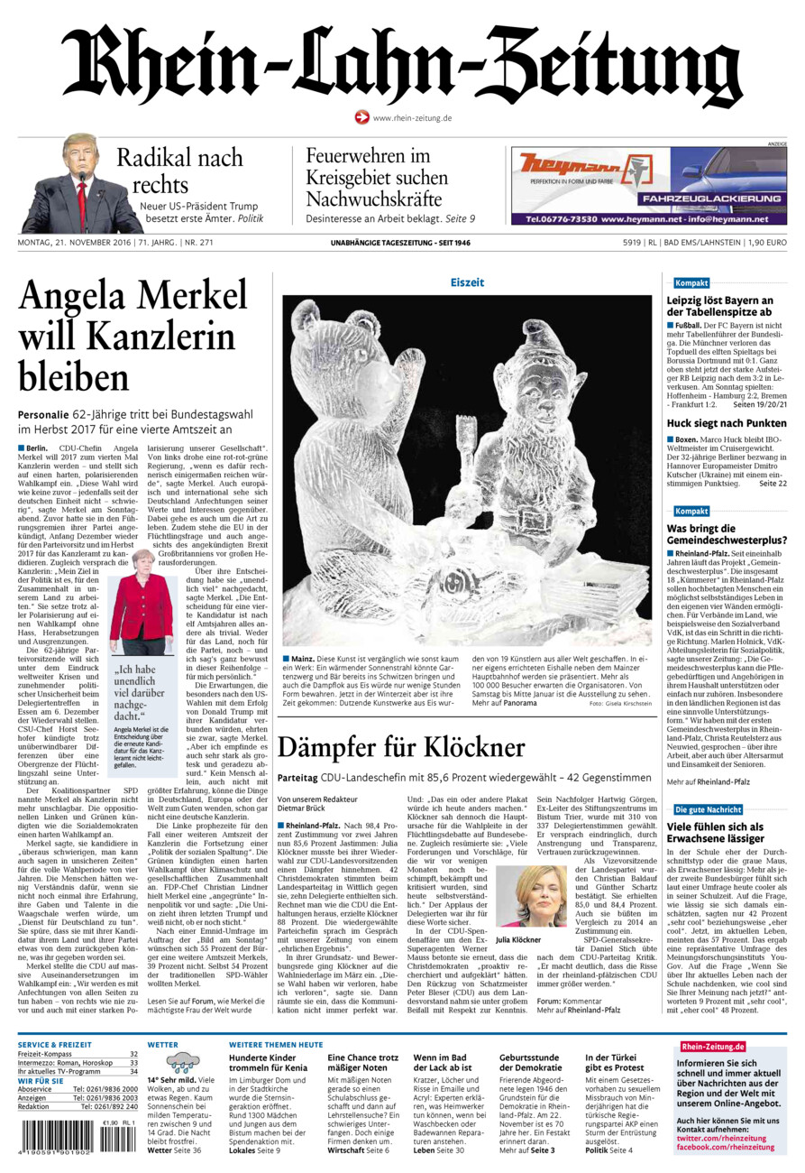 Rhein-Lahn-Zeitung vom Montag, 21.11.2016