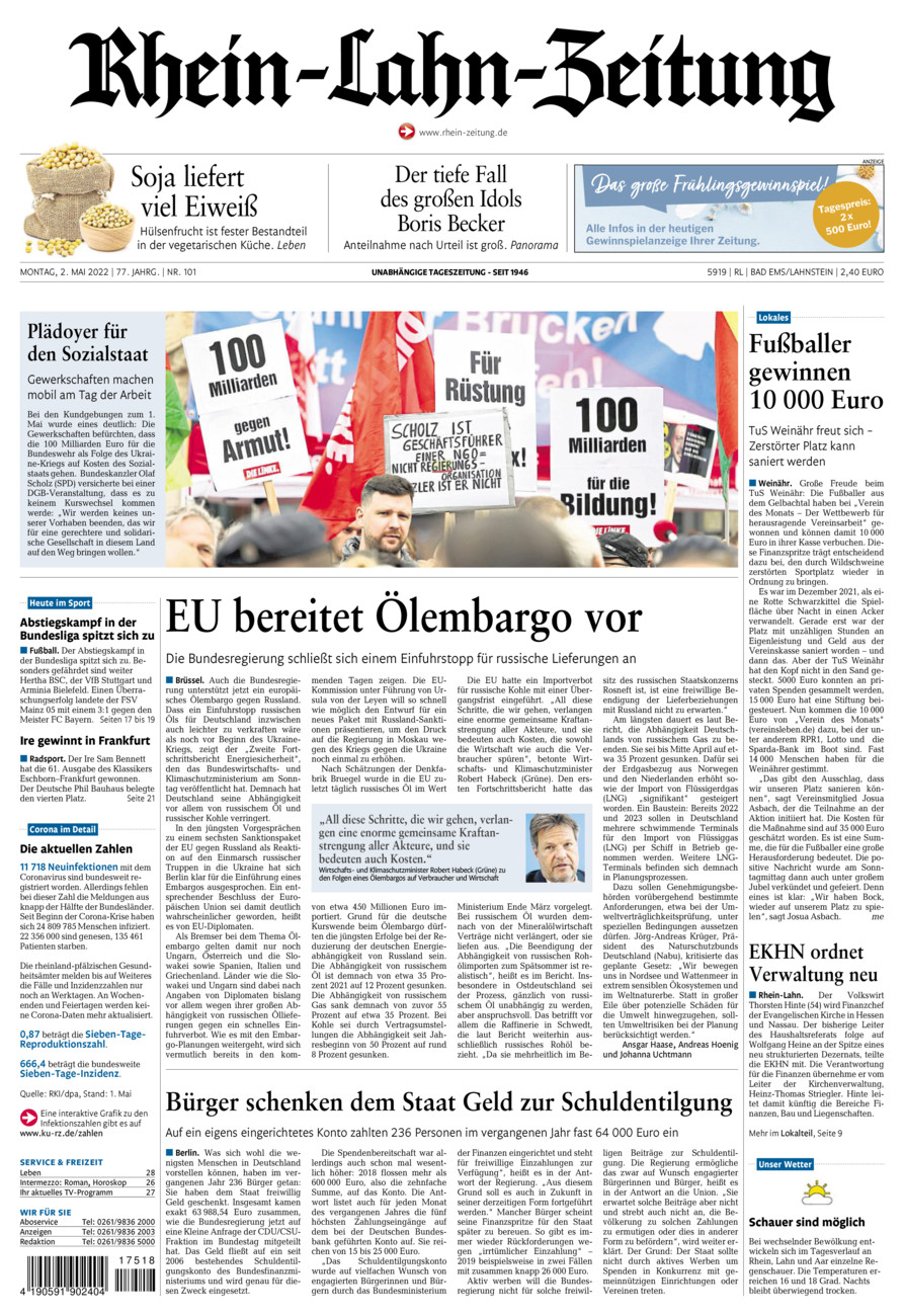 Rhein-Lahn-Zeitung vom Montag, 02.05.2022