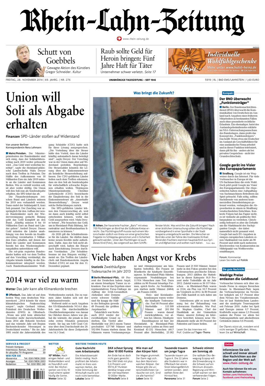 Rhein-Lahn-Zeitung vom Freitag, 28.11.2014