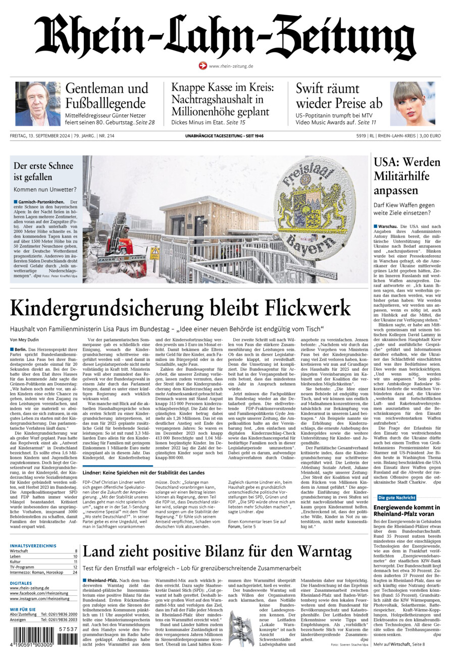 Rhein-Lahn-Zeitung vom Freitag, 13.09.2024