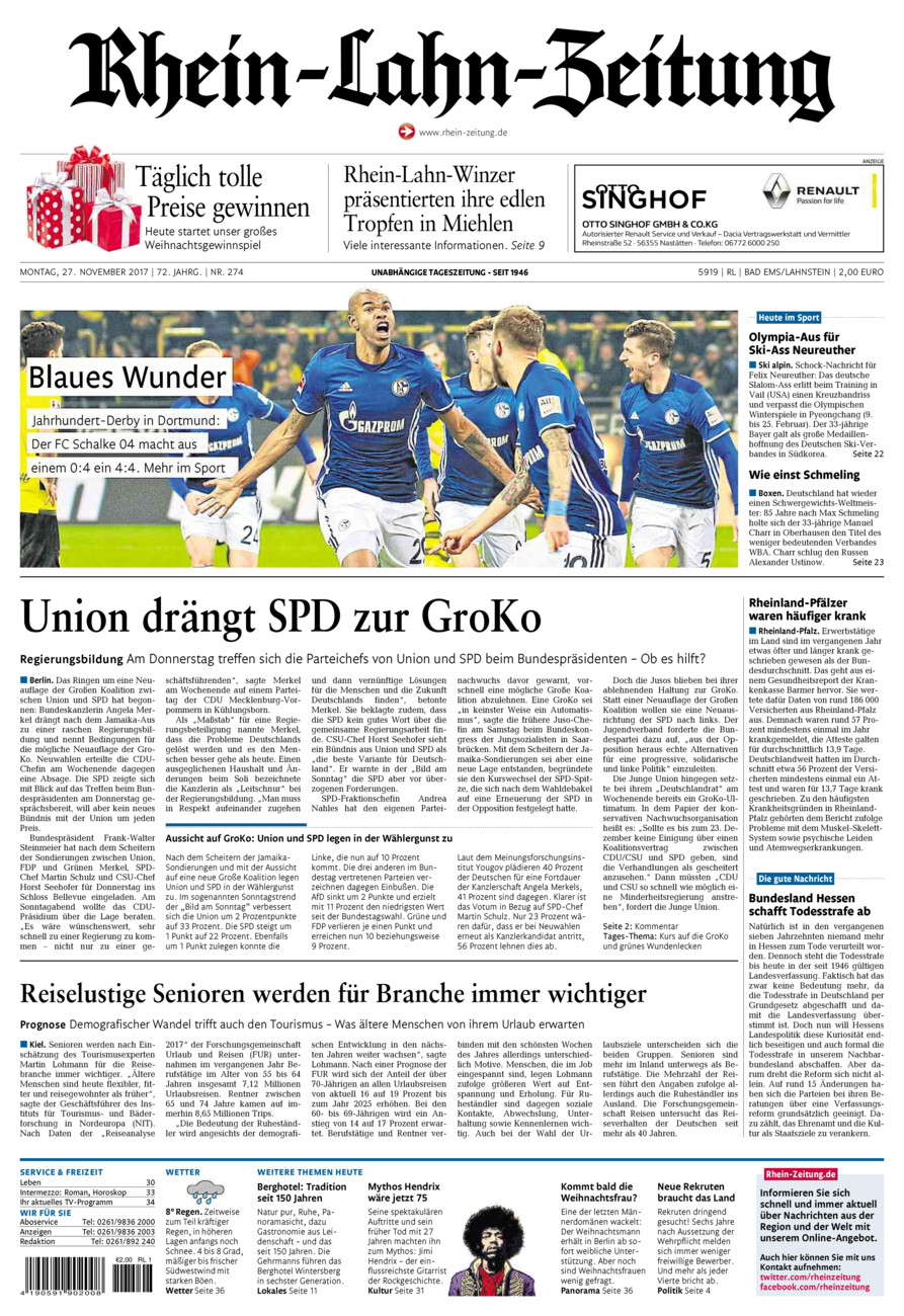 Rhein-Lahn-Zeitung vom Montag, 27.11.2017