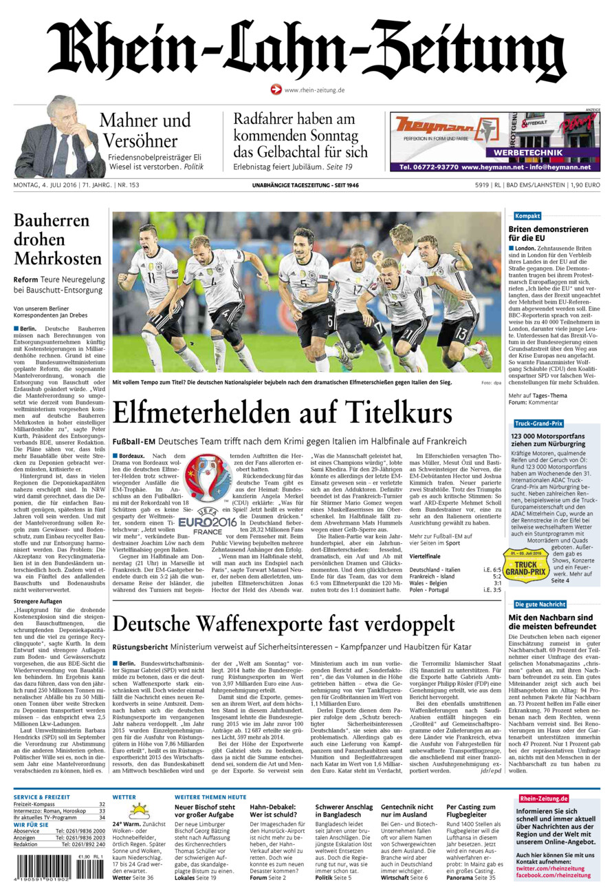 Rhein-Lahn-Zeitung vom Montag, 04.07.2016
