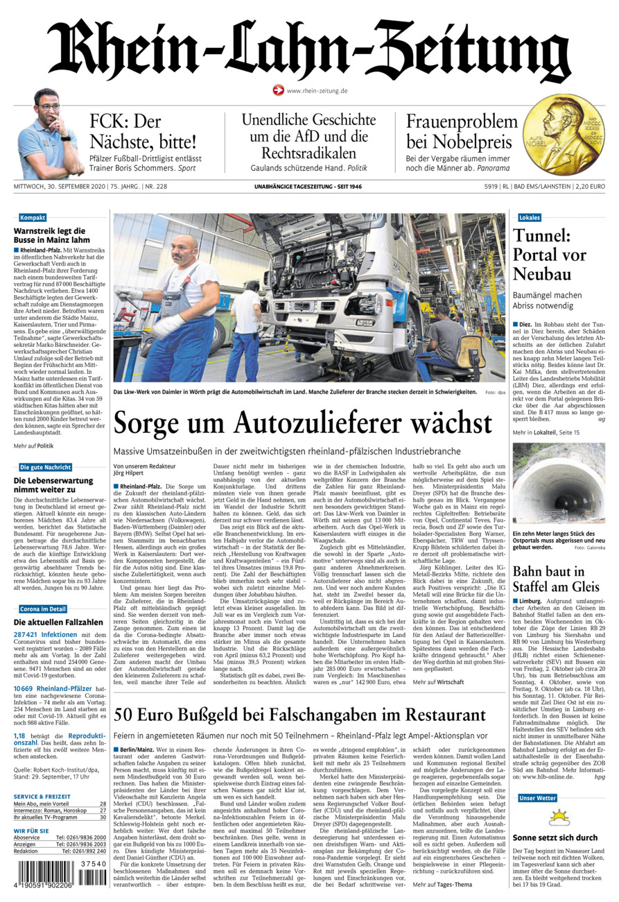 Rhein-Lahn-Zeitung vom Mittwoch, 30.09.2020