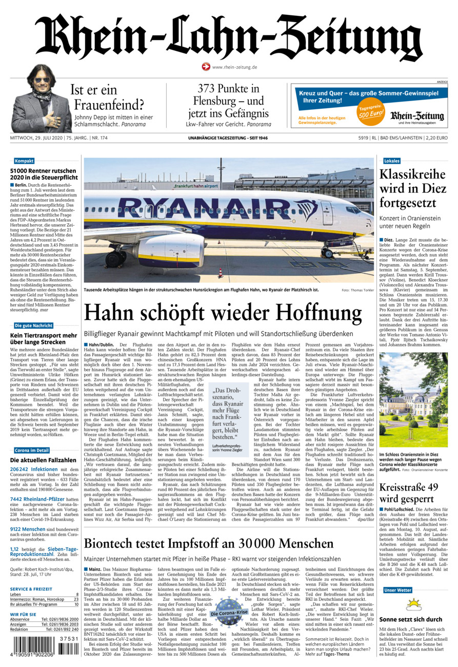 Rhein-Lahn-Zeitung vom Mittwoch, 29.07.2020