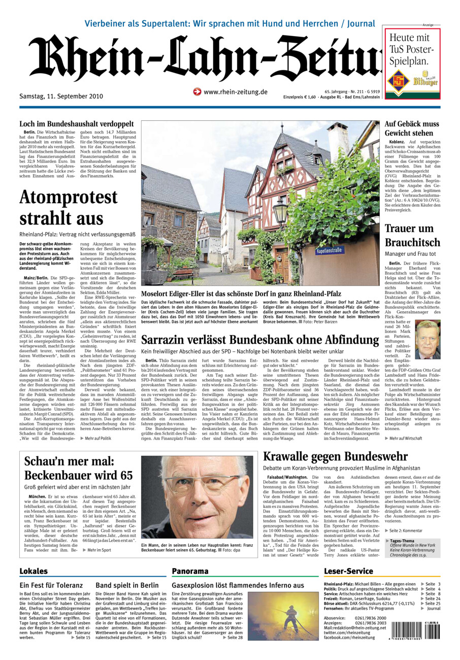 Rhein-Lahn-Zeitung vom Samstag, 11.09.2010