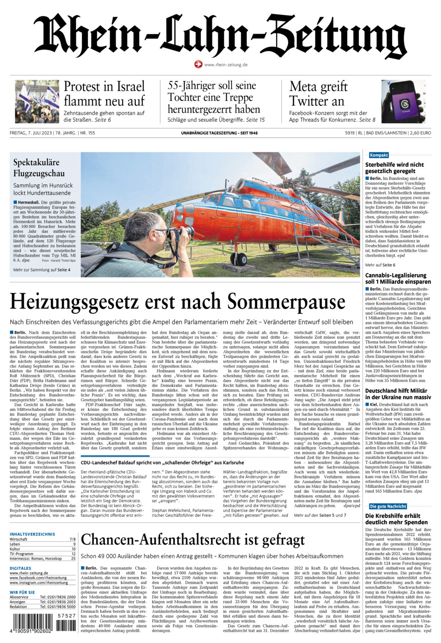 Rhein-Lahn-Zeitung vom Freitag, 07.07.2023