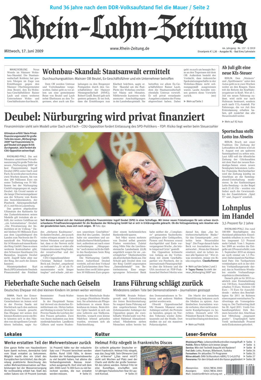 Rhein-Lahn-Zeitung vom Mittwoch, 17.06.2009