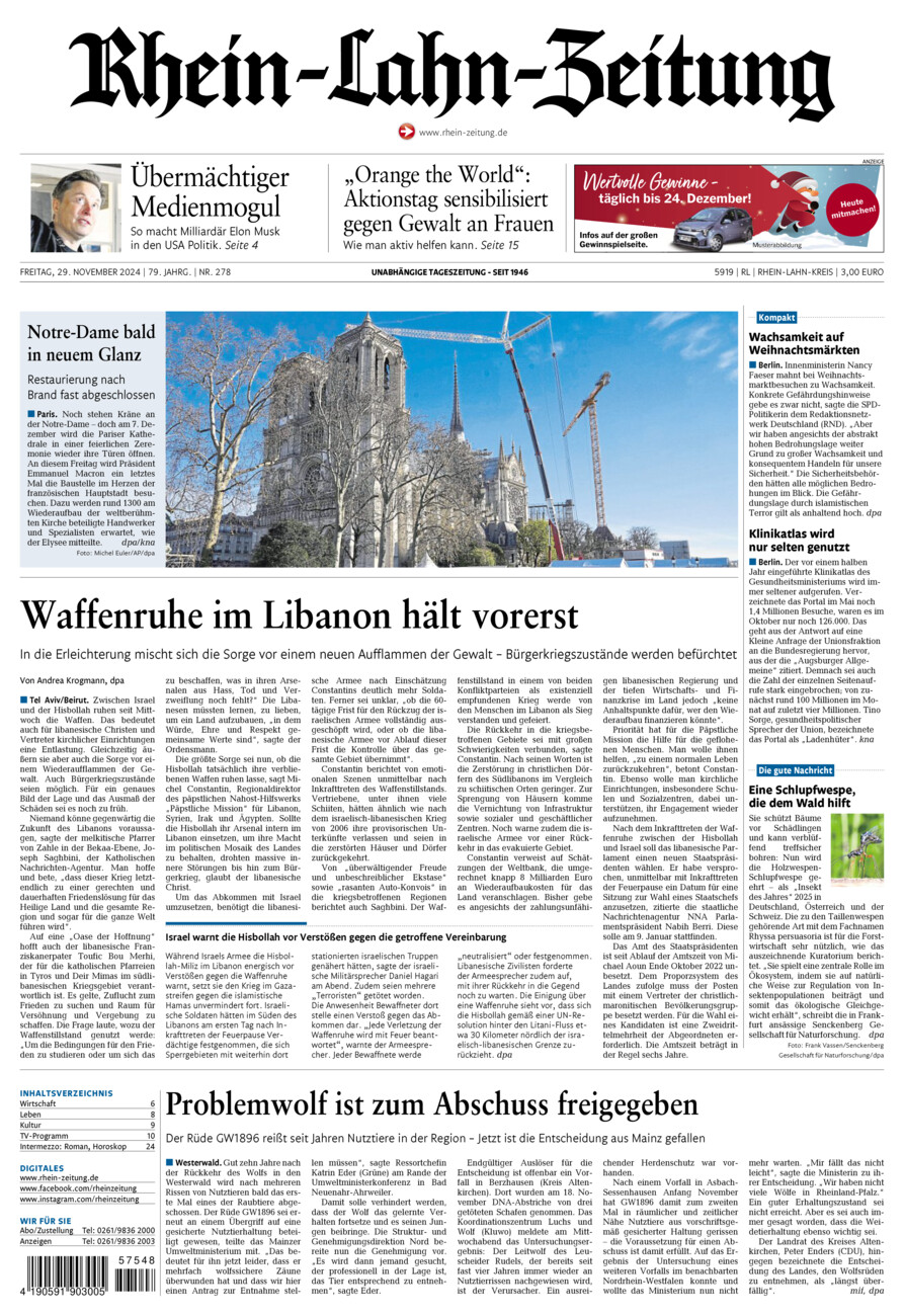 Rhein-Lahn-Zeitung vom Freitag, 29.11.2024