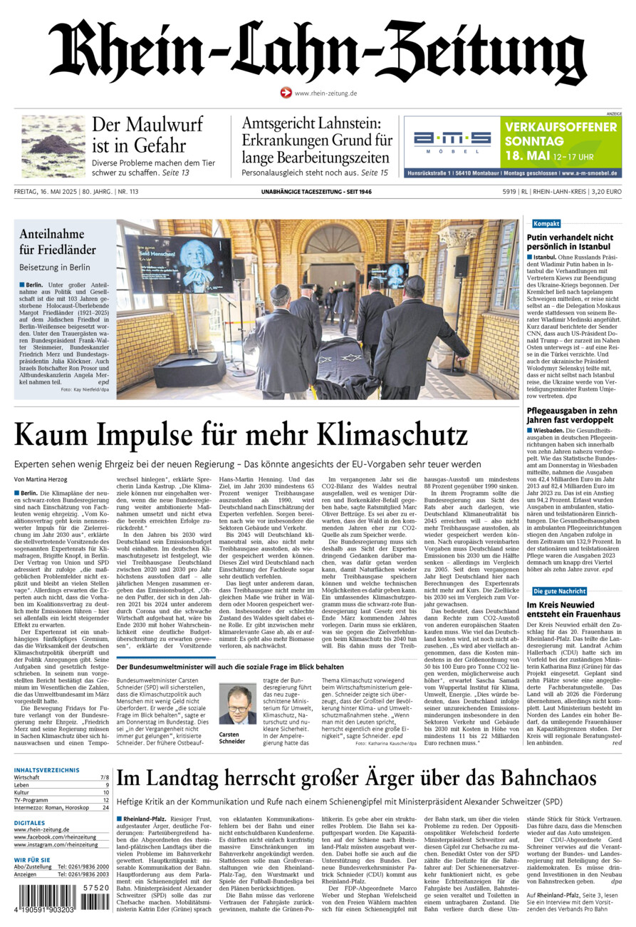 Rhein-Lahn-Zeitung vom Freitag, 16.05.2025