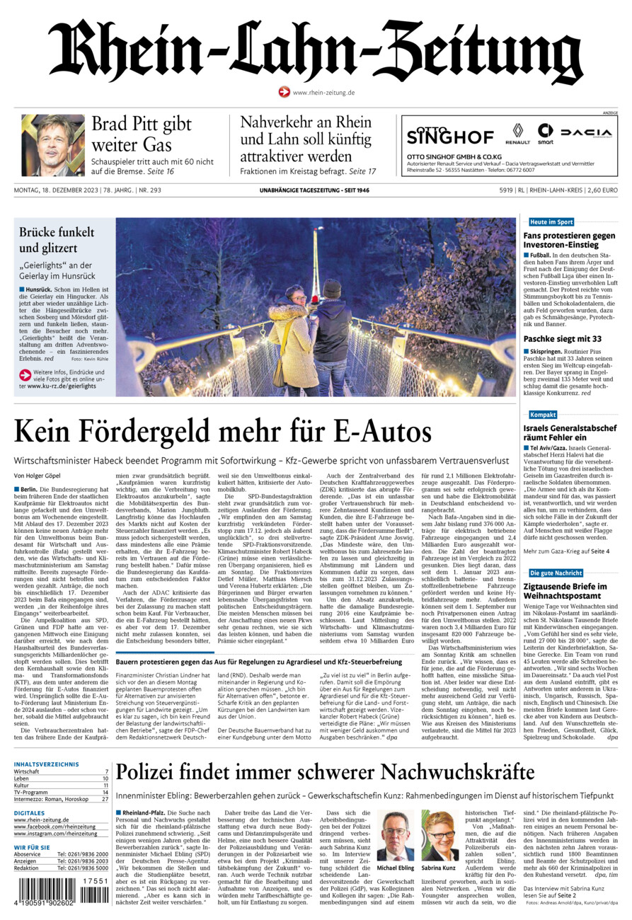 Rhein-Lahn-Zeitung vom Montag, 18.12.2023