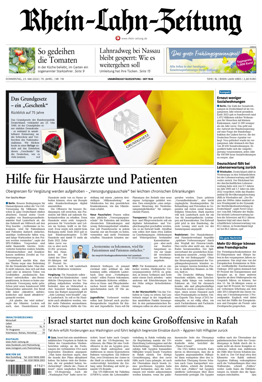 Rhein-Lahn-Zeitung vom Donnerstag, 23.05.2024
