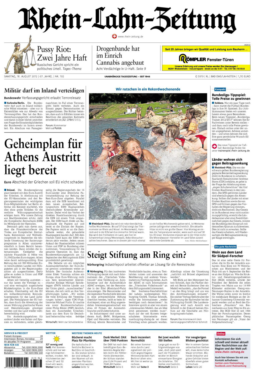 Rhein-Lahn-Zeitung vom Samstag, 18.08.2012